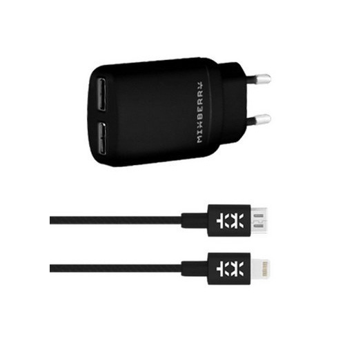 Сетевое зарядное устройство Mixberry 2 USB 3A MWC UL250 + кабель Apple Lighting MFI + microUSB Black фото 