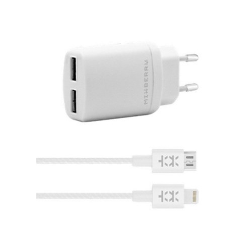 Сетевое зарядное устройство Mixberry 2 USB 3A MWC UL250 + кабель Apple Lighting MFI + microUSB White фото 