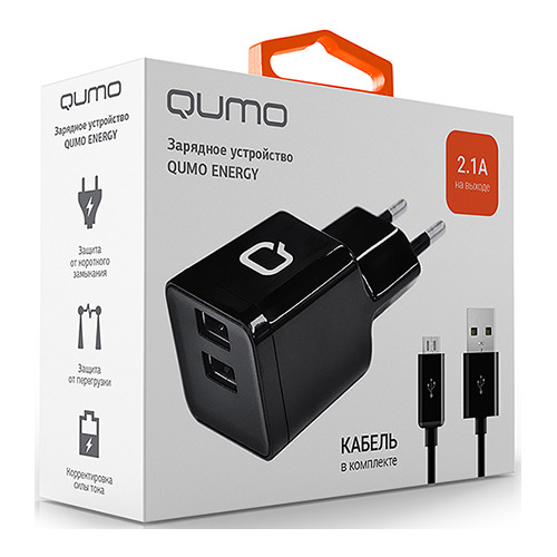 Сетевое зарядное устройство Qumo 2USB 2.1A + кабель microUSB Black фото 